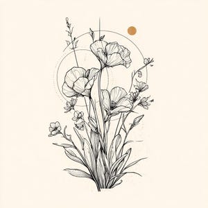 May include: Black and white botanical illustration featuring a bouquet of flowers with detailed line work. The design includes large, open blooms, smaller buds, and delicate foliage, set against a cream background with geometric accents and a gold dot.