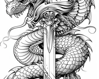 剣を持ったドラゴンの漫画の白黒バンドル 1.36 デジタル Ai 線画 PNG