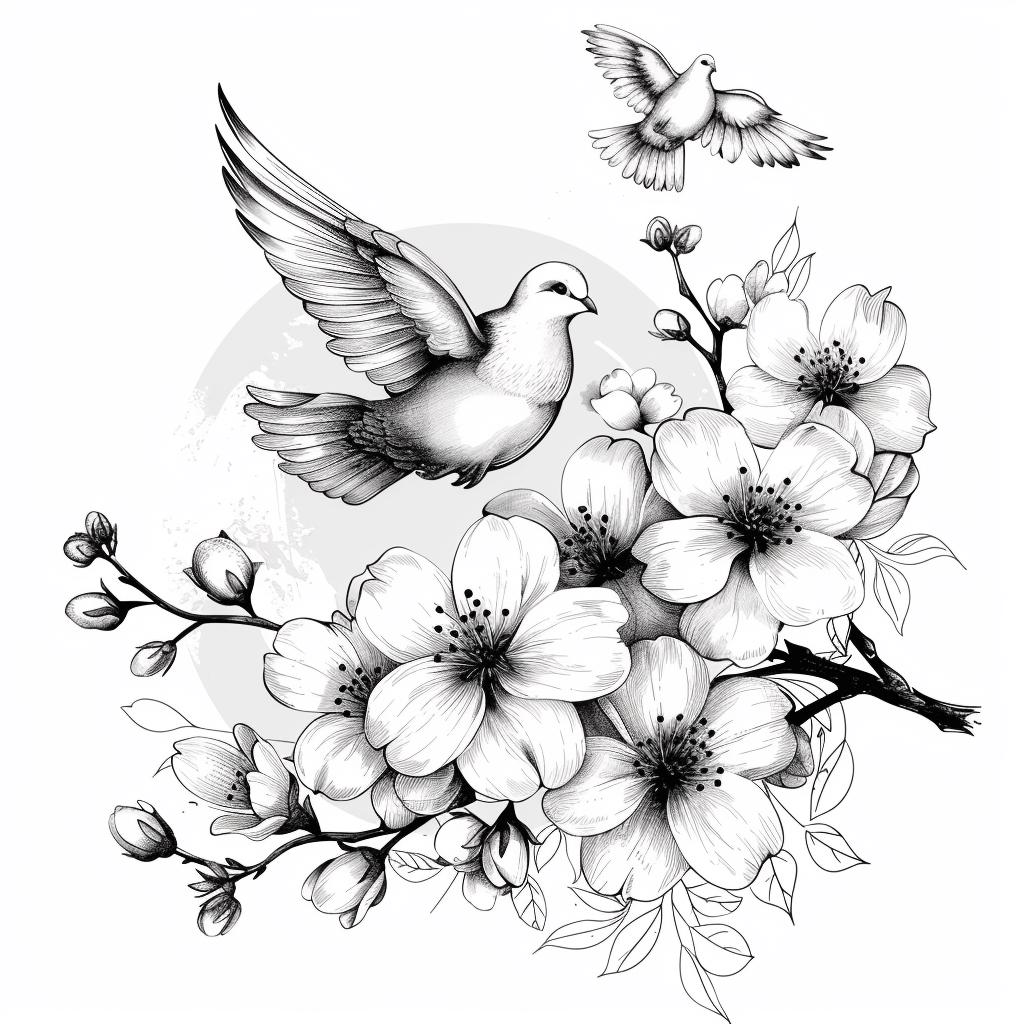 Cherry Blossoms and Doves Black/white Line Art Bundle 4 36 Digital Ai ...
