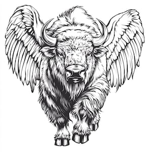 Buffalo/Bison with Wings Black and White  Bundle 1   32 Digital Ai Line Art   Svg-Png