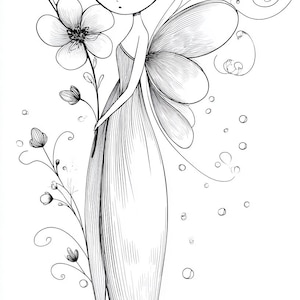 Puede incluir: Ilustración en blanco y negro de un hada sosteniendo una flor. El hada tiene grandes alas y lleva un vestido largo. El pelo del hada está peinado en un moño con una flor. La imagen tiene un ambiente caprichoso y delicado.