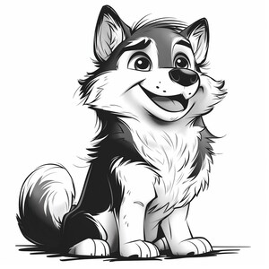 May include: A black and white cartoon illustration of a husky dog sitting with its mouth open and tongue sticking out. The dog has a happy expression on its face.