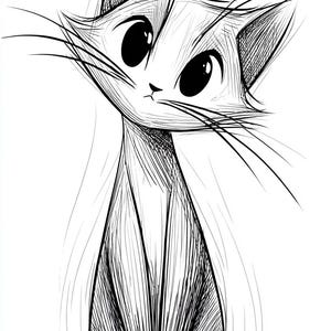 May include: A monochrome sketch of a cat with big eyes and long whiskers. The cat is depicted in a stylized, minimalist style, with a slender body and pointed ears. The artwork has a whimsical and charming quality, reminiscent of a cartoon.