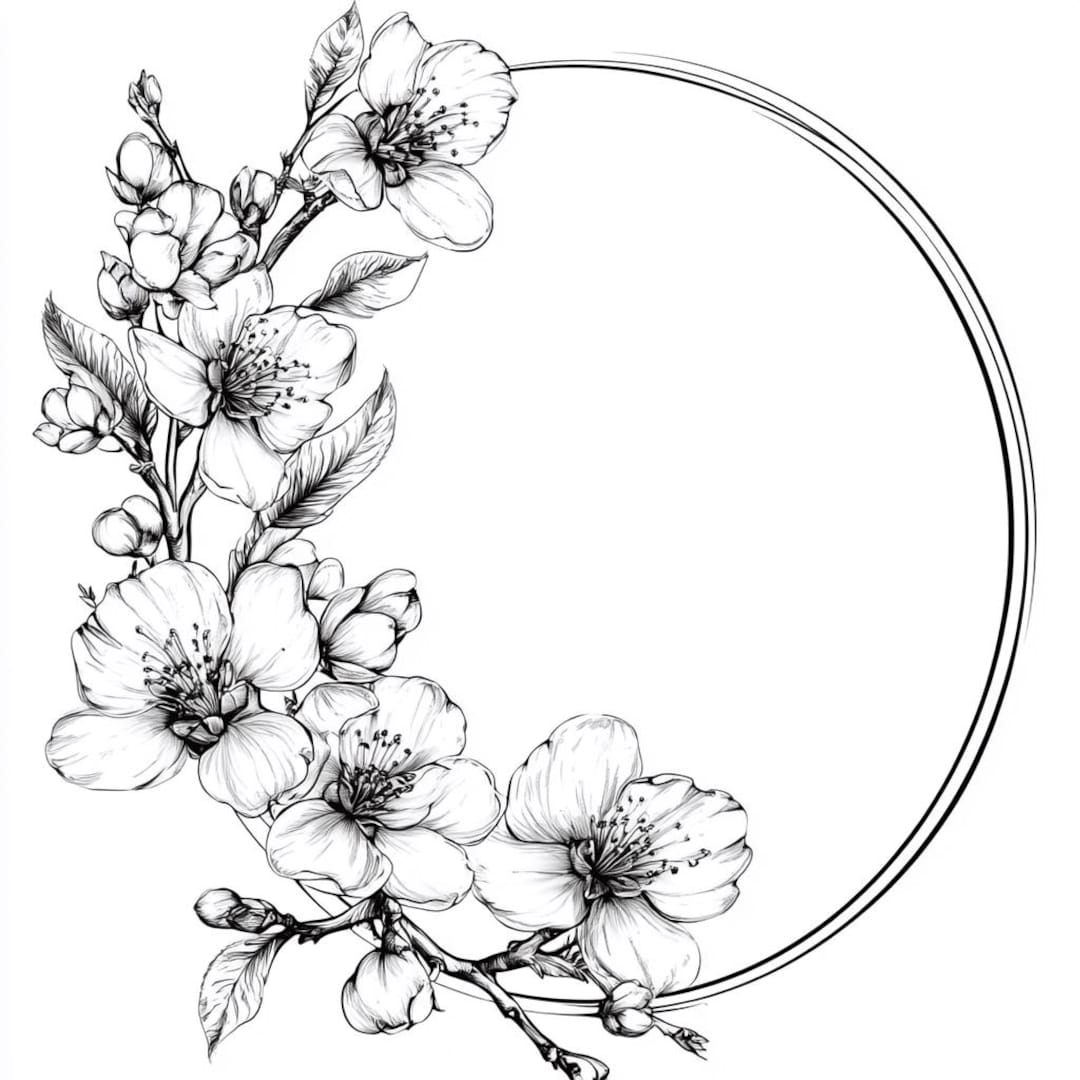桃の花と幾何学模様の白黒線画バンドル 1 40 デジタル Ai 線画 PNG-SVG