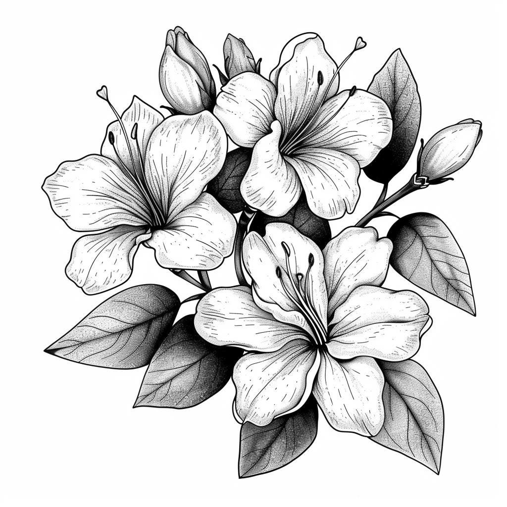 Azaleas Blooms Line Art Pen & Ink Monochrome Transparent Background ...