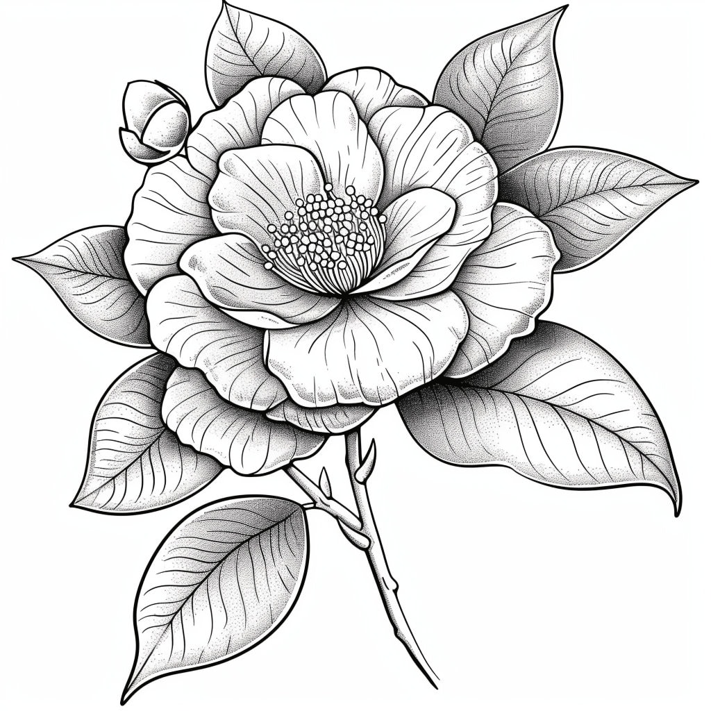 Camellia Blooms Line Art Black and White Bundle 1 32 Digital