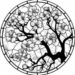 May include: Black and white illustration of a cherry blossom tree in a stained glass style. The tree is in full bloom with delicate flowers and branches.