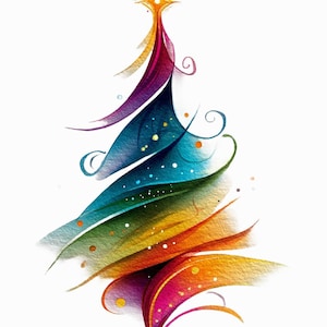 Puede incluir: Ilustración abstracta en acuarela de un árbol de Navidad. El árbol está compuesto por formas curvas en capas en tonos de azul, verde, amarillo, naranja y morado. Un adorno en forma de estrella corona el árbol, sobre un fondo blanco.
