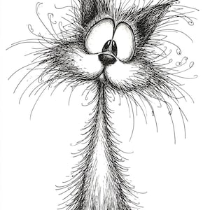 May include: A whimsical black and white illustration of a cat with a startled expression. The cat has large, wide eyes, a long, thin neck, and a fluffy, textured coat. The artwork is detailed with fine lines and shading.