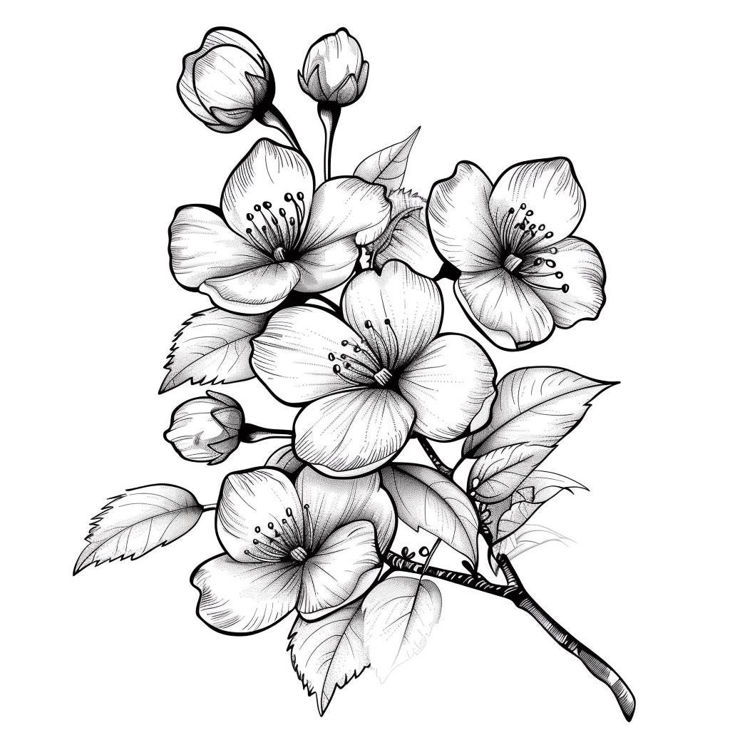 桜の白黒線画バンドル 2 55 デジタル Ai 線画 PNG-SVG (デジタル