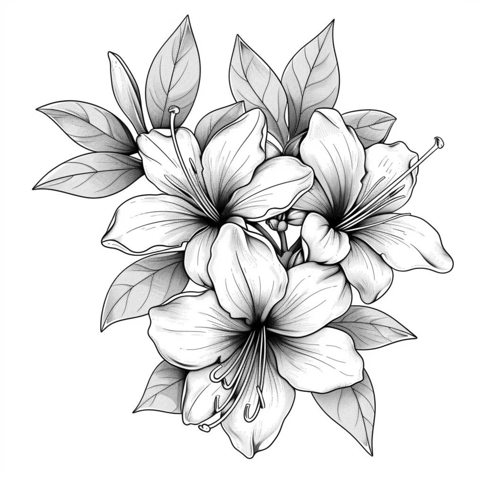 Azaleas Blooms Line Art Pen & Ink Monochrome Transparent Background ...