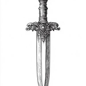 May include: A detailed black and white illustration of a decorative dagger with an ornate handle and a pointed blade.