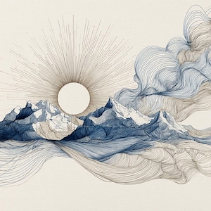 Puede incluir: Ilustración artística de una cordillera con un diseño de rayos de sol. Las montañas están representadas en azul y blanco, con un sol en el centro. La obra de arte utiliza líneas finas para crear un efecto texturizado, con líneas fluidas que representan nubes.