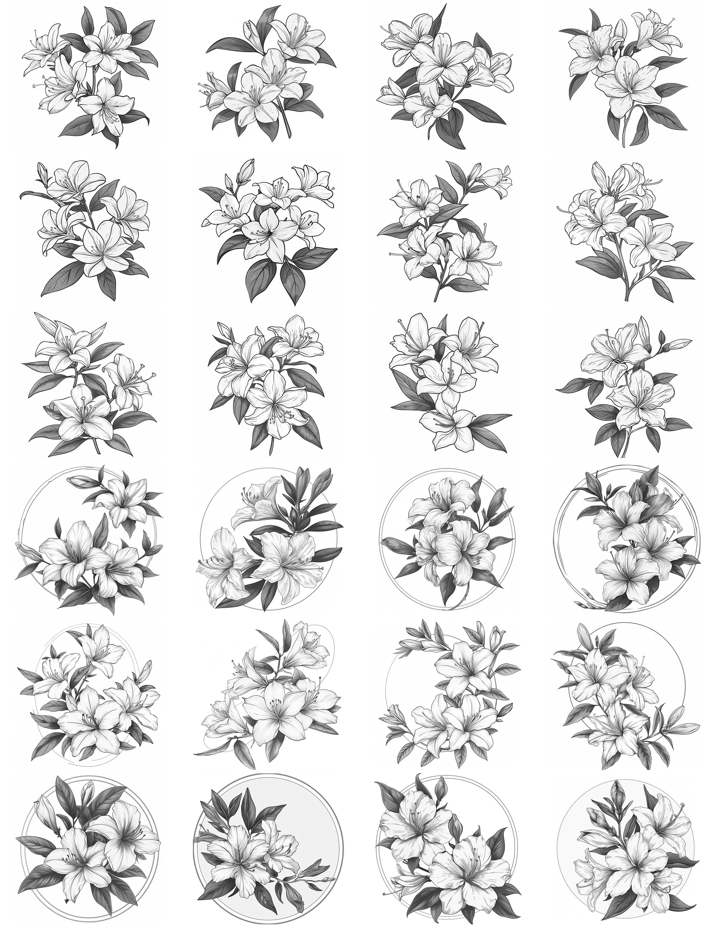 Azaleas Blooms Line Art Black and White Bundle 1 75 Digital Line Art AI ...