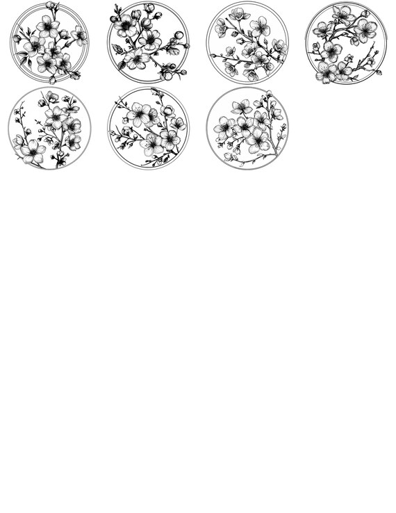 円形フレームの桜の白黒線画バンドル 1 55 デジタル Ai 線画 PNG-SVG