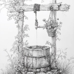 May include: A black and white ink illustration of a stone wishing well with a wooden bucket and a hanging basket of flowers. The structure features two vertical wooden posts, a horizontal beam with a rope, and a circular stone base with foliage.