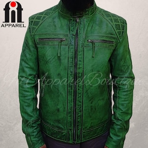 Mens Green Leather Jacket - Genuine Leather Jacket Men - Sheepskin Leather Biker Jacket Men - Handmade Motorcycle Leather Jacket Mens - Gift