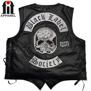 Men's Black Label Society Leather Vest With Embroidered Patches - Genuine Sheepskin Biker Vest
