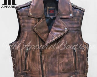 Men&#39;s Handmade Brown Leather Vest - Distressed Leather Vest - Sheepskin Biker Vest - Mens Leather Motorcycle Vest - Leather Vest For Men