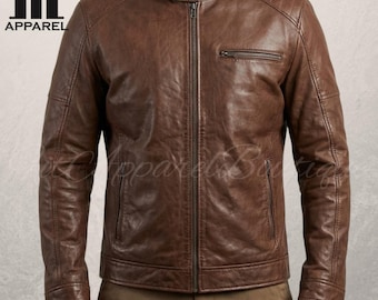 Handmade Brown Leather Jacket Mens Sheepskin Leather Biker Jacket Slim Fit Moto Jacket