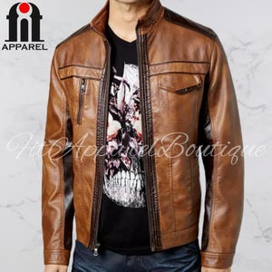Men&#39;s Brown Biker Leather Jacket | Sheepskin Mens Leather Motorcycle Jacket | Handmade Genuine Leather Jacket For Men Leather Jacket Gift