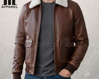 Chaqueta bomber de cuero vintage hecha a mano para hombre, marrón, con cuello de piel sintética / Chaqueta de aviador de cuero auténtico