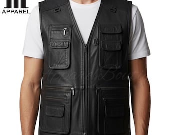 Men's Black Leather Vest With Many Pockets - Genuine Sheepskin V-Neck Leather Vest - Mens Leather Biker Vest - Utility Leather Vest - Gift