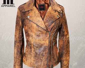 Braune Vintage Lederjacke für Damen - Echtes Schaffell Distressed Leder Bikerjacke - Asymmetrische Reißverschluss Motorrad Lederjacke