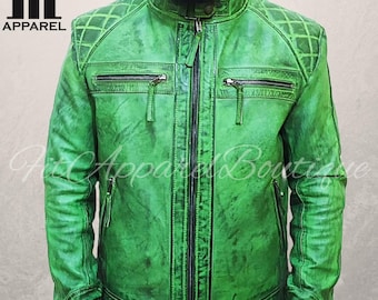 Chaqueta de cuero verde para hombre - Chaqueta de cuero genuino para hombre - Chaqueta de motociclista de piel de oveja para hombre - Chaqueta de cuero de motocicleta hecha a mano para hombre - Regalo