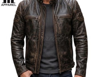 Chaqueta de cuero marrón para hombre / Chaqueta de moto de piel de oveja auténtica / Chaqueta de cuero vintage / Chaqueta de cuero motera para hombre / Regalo para él