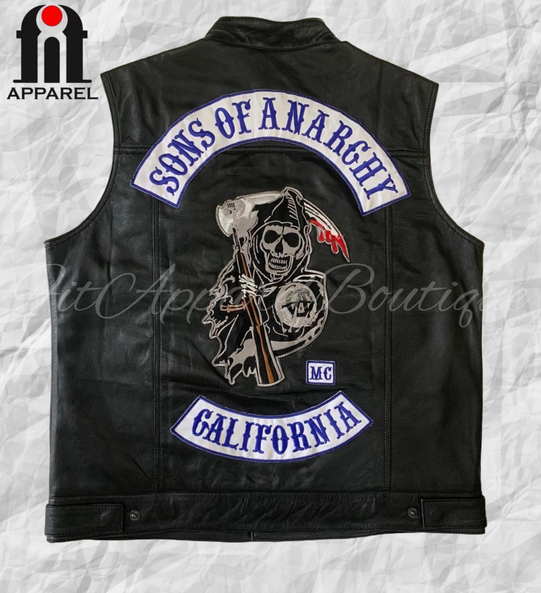Men's Sons Of Anarchy Black Leather Vest With Embroidered Patches | Charlie Hunnam Motorcycle Vest Mens | SAMCRO Vest | Leather Vest For Men