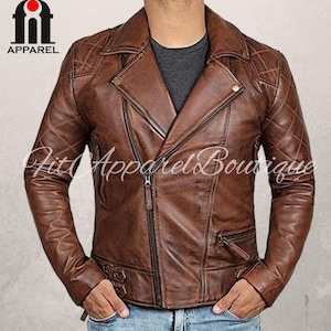 Mens Brown Leather Biker Jacket - Genuine Leather Jacket - Sheepskin Motorcycle Leather Jacket - Leather Jackets For Men - Gift For Him