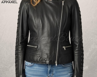 Women's Black Leather Biker Jacket - Handmade Sheepskin Motorcycle Jacket With Stylish Design On Sleeves