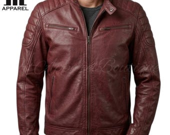Chaqueta de cuero burdeos para hombre / Chaqueta de moto de piel de oveja auténtica / Chaqueta de cuero genuino para hombre / Regalo para él