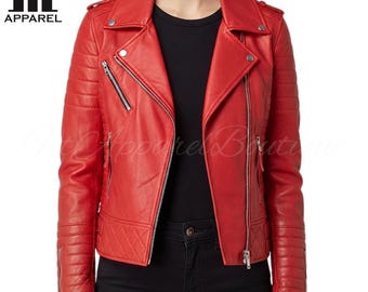 Red Sheepskin Leather Biker Jacket - Women's Moto Jacket