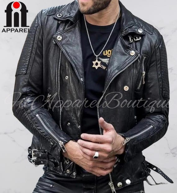 Men's Black Leather Motorcycle Jacket - Real Sheep Leather Biker Jacket Men