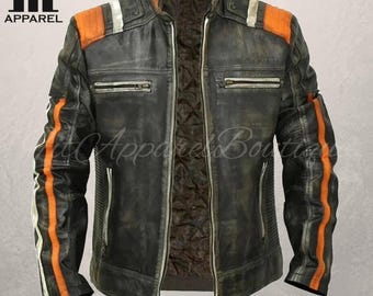 Chaqueta estilo retro Cafe Racer para hombre - Chaqueta de moto de cuero desgastado con piel de oveja hecha a mano
