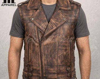 Vintage Brown Leather Vest For Men Leather Biker Vest - Real Sheepskin Distressed Leather Vest - Leather Motorcycle Vest - Gift For Him