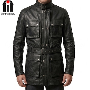 May include: Black leather jacket featuring a stand-up collar, multiple front pockets, and a waist belt. The jacket has a zip closure and button details. The logo "APPAREL" is visible in the upper left corner.