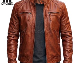 Handmade Men's Brown Leather Biker Jacket - Genuine Sheepskin Motorcycle Jacket With Quilted Shoulder