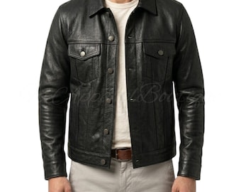 Men's Black Leather Trucker Jacket | Sheepkin Real Leather Jacket | Mens Leather Coat | Gift For Him