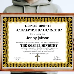 Lizensierte Zertifikatsvorlage, druckbare Vintage Ordination Urkunde für die Lizenz zum Predigen, sofortiger Download der Lizenz zum Predigen