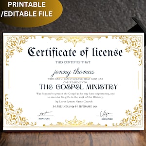Certificado de Licencia para Nuevos Ministros, Certificado de Licencia Imprimible, Licencia de Ministro, Certificado de Licencia para Predicar Editable