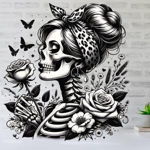 May include: Black and white illustration of a skull with a bandana, flowers, and roses. The skull is wearing a bandana with a leopard print and has a rose in its hand.