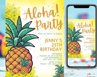 Aloha Luau Party Invitation: Tropical Pineapple Design (Canva Template, Digital Download