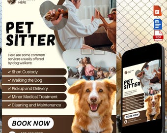 Edytowalna ulotka dla opiekuna zwierząt: szablon reklamy psa i kota (Canva, Word)