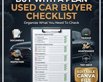 Used Car Buyer Checklist | Editable Car Inspection Checklist | Vehicle Buying Guide | Canva Template | US & Canada