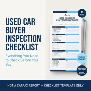 Peut inclure: Un mod&egrave;le de liste de contr&ocirc;le pour l'inspection d'une voiture d'occasion de 11 pages en blanc et bleu. Le document comprend des sections pour l'ext&eacute;rieur, l'int&eacute;rieur, le moteur, l'essai routier et l'historique du v&eacute;hicule.