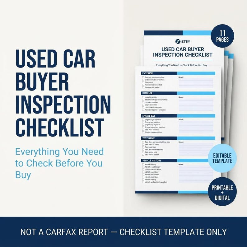 Peut inclure: Un mod&egrave;le de liste de contr&ocirc;le pour l'inspection d'une voiture d'occasion de 11 pages en blanc et bleu. Le document comprend des sections pour l'ext&eacute;rieur, l'int&eacute;rieur, le moteur, l'essai routier et l'historique du v&eacute;hicule.