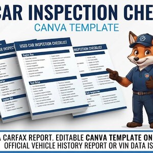 Peut inclure: Un mod&egrave;le Canva de liste de contr&ocirc;le pour l'inspection de voitures d'occasion, compos&eacute; de plusieurs pages empil&eacute;es avec des sections pour les informations du v&eacute;hicule, l'ext&eacute;rieur, l'int&eacute;rieur, le moteur et l'essai routier. Un renard en uniforme bleu.
